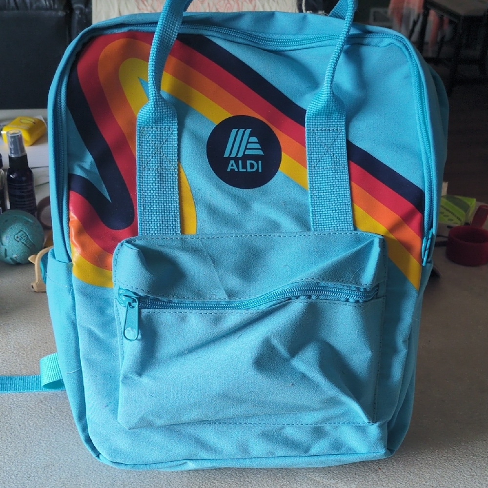 Aldi Blue Backpack with Rainbow Design